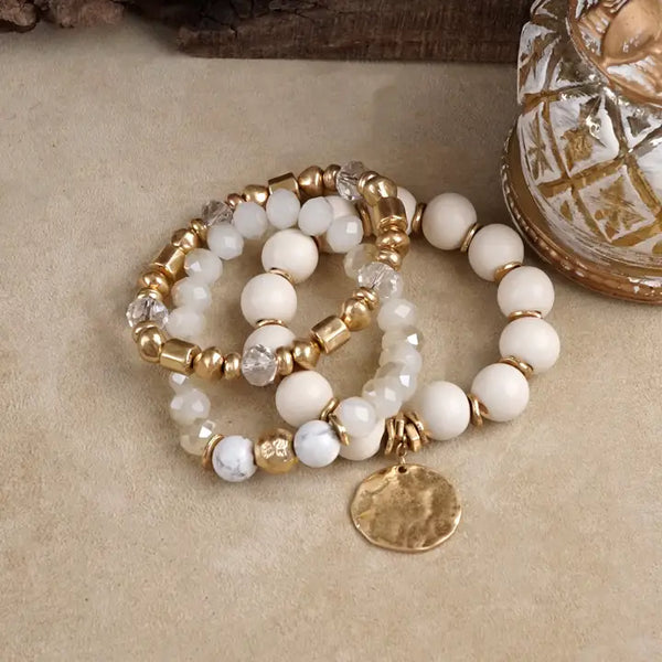 Boho Beads Coin Bracelets Statement Set in Cream