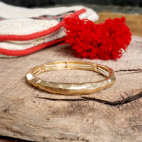 Boho Stretchy Minimalist Bangle Raw Textured Worn Gold and Silver Tones