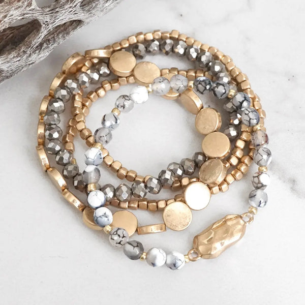 5 Piece Boho Beaded Bracelets Stack Semi Precious Metal Glass