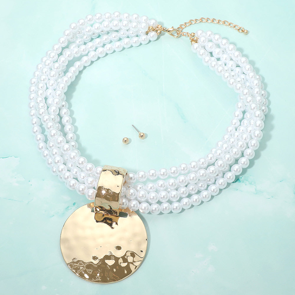 Hammered Disc Accent Multi Strand Pearl Necklace W/ Earrings