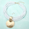 Hammered Disc Accent Multi Strand Pearl Necklace W/ Earrings