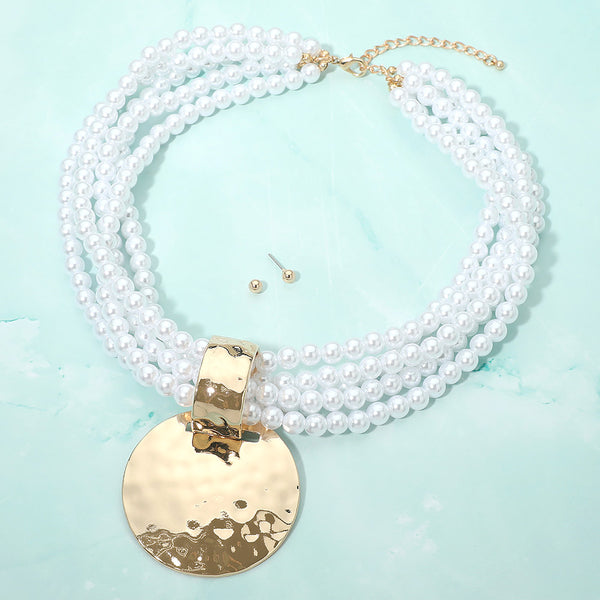 Hammered Disc Accent Multi Strand Pearl Necklace W/ Earrings