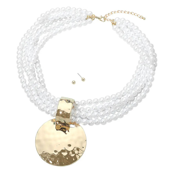Hammered Disc Accent Multi Strand Pearl Necklace W/ Earrings