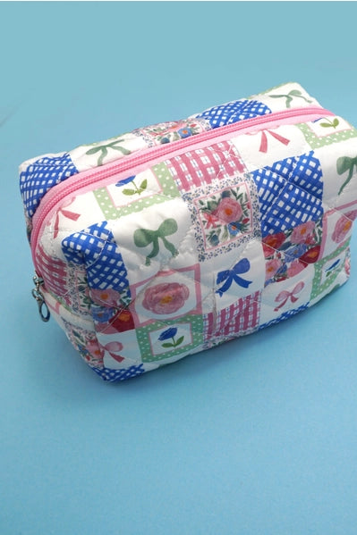 Bow Quilted Cotton Floral Cosmetic Pouch Bag