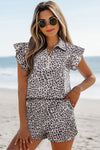Brown Leopard Half Zipper Collared Ruffled Sleeve Top and Short Set