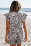 Brown Leopard Half Zipper Collared Ruffled Sleeve Top and Short Set