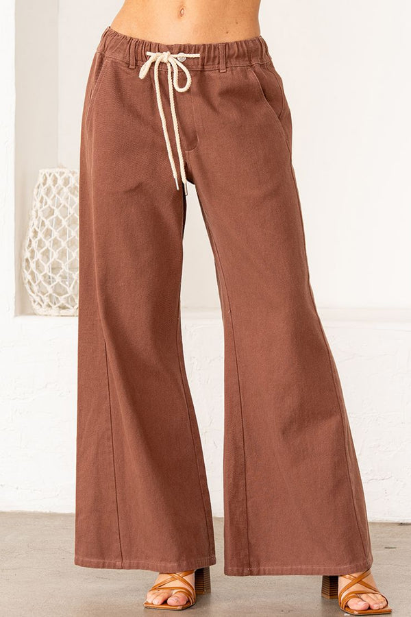 Brown Wide-Leg Pants with Drawstring