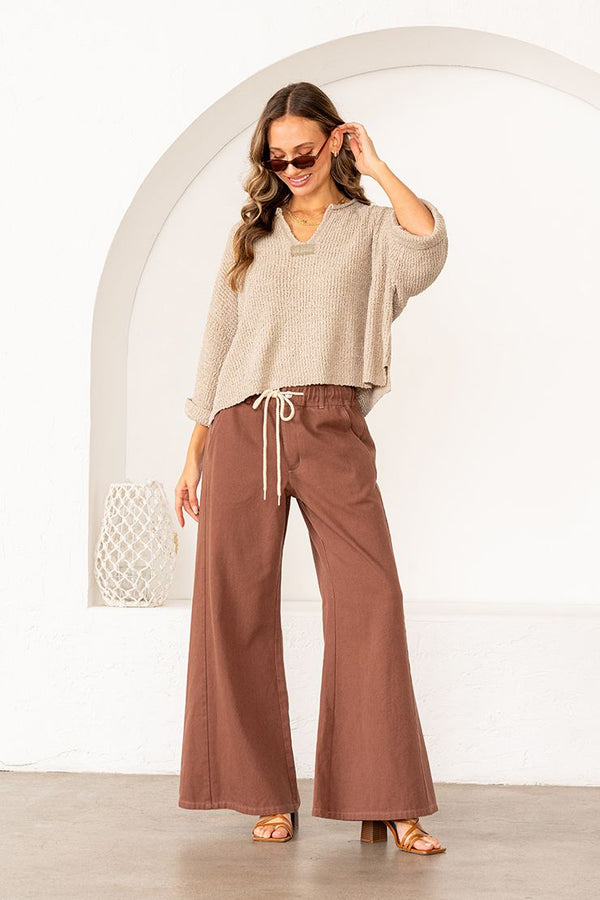 Brown Wide-Leg Pants with Drawstring