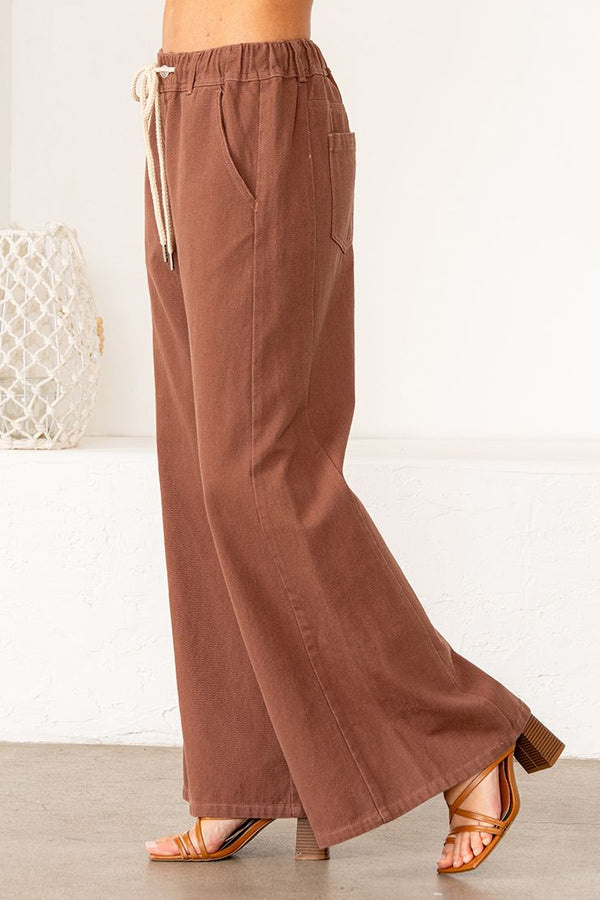 Brown Wide-Leg Pants with Drawstring