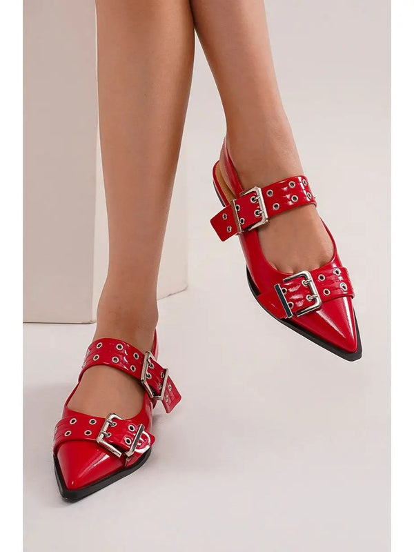 Belt Strap Slingback Flats Red