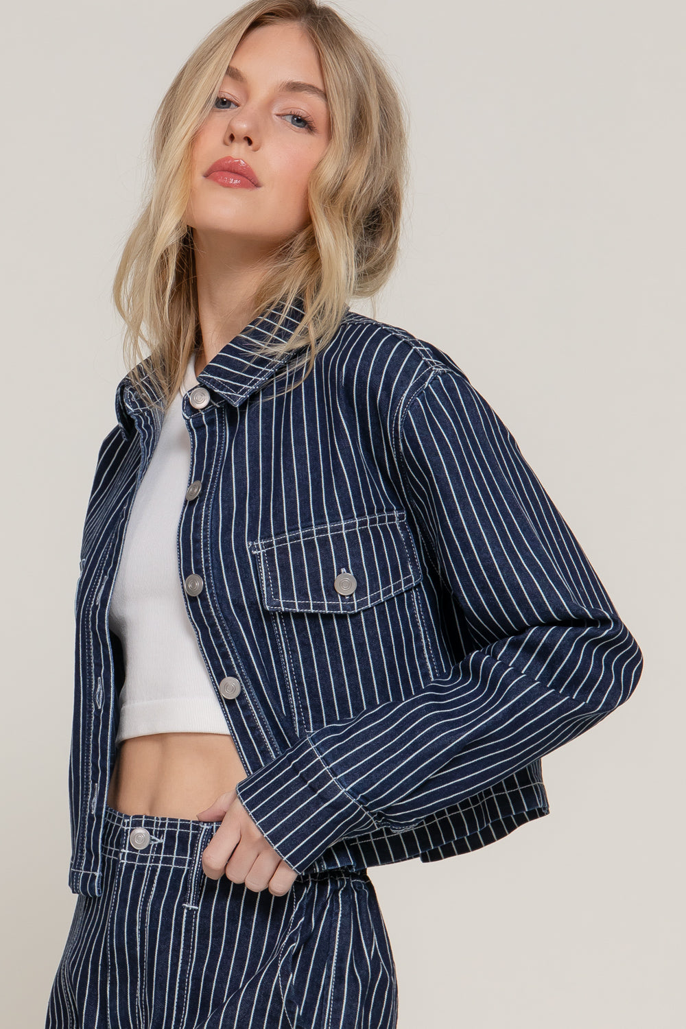 Stripe Stretch Denim Crop Jacket