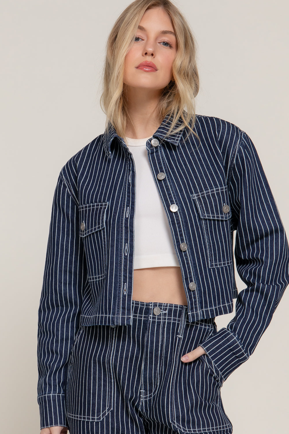 Stripe Stretch Denim Crop Jacket