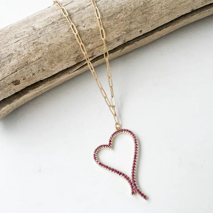 Virtue, Drop Heart Paperclip Necklace, Pink