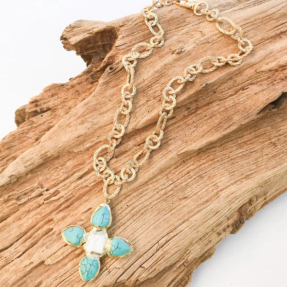 Virtue, Turq/Pearl Cross Necklace