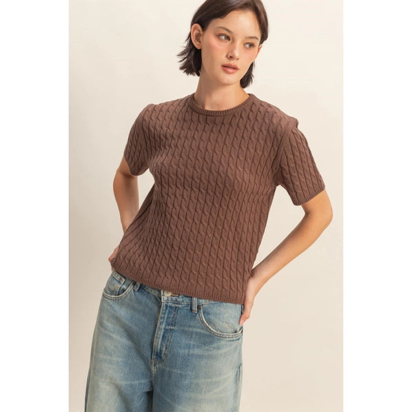 Cable Knit Short Sleeve Sweater Top - 4 Colors