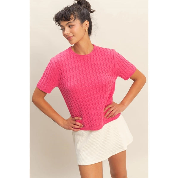 Cable Knit Short Sleeve Sweater Top - 4 Colors