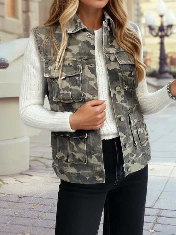 Camouflage Button Pocket Button Down Denim Vest