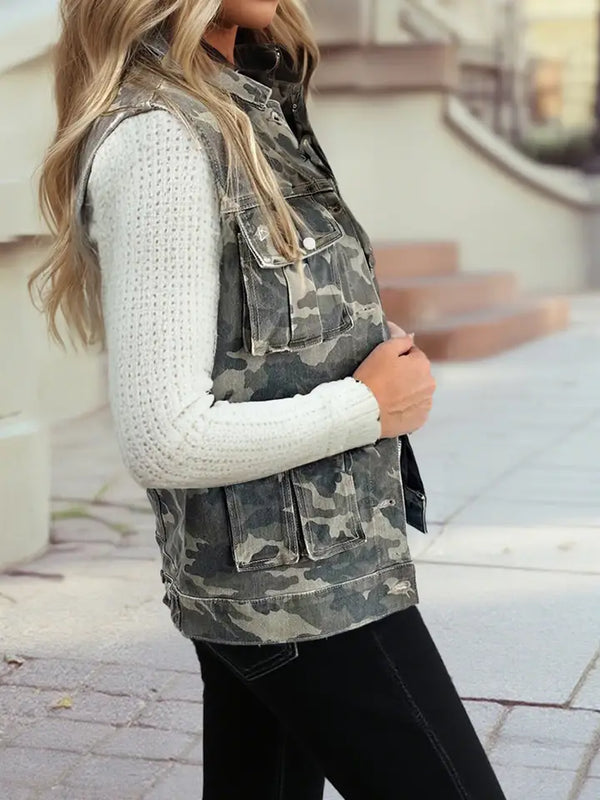 Camouflage Button Pocket Button Down Denim Vest