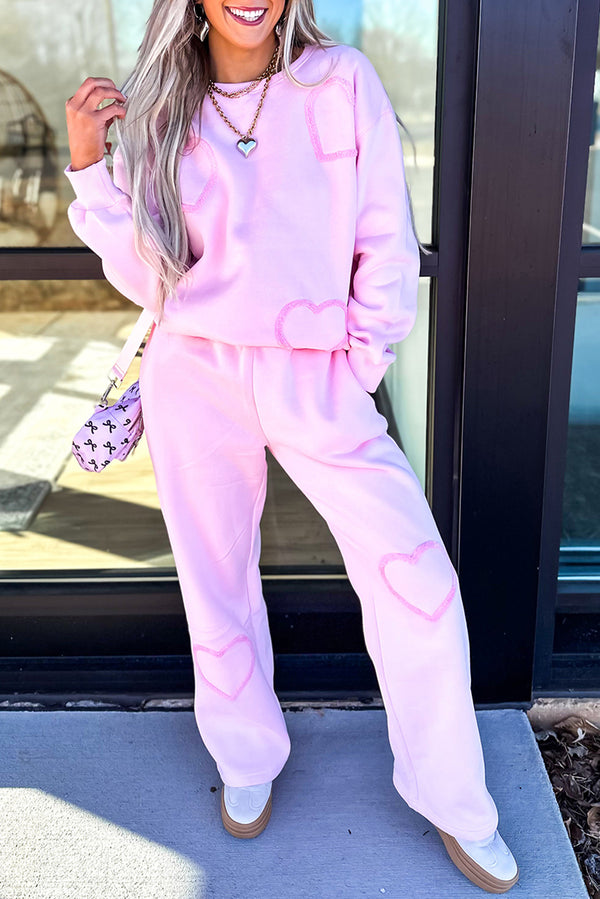 Chenille Heart Pattern Casual 2pcs Pants Set
