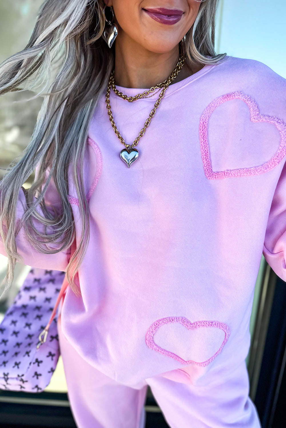 Chenille Heart Pattern Casual 2pcs Pants Set