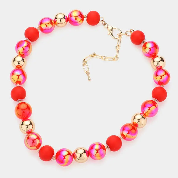 Chunky Glass Metal Ball Beaded Necklace -Red