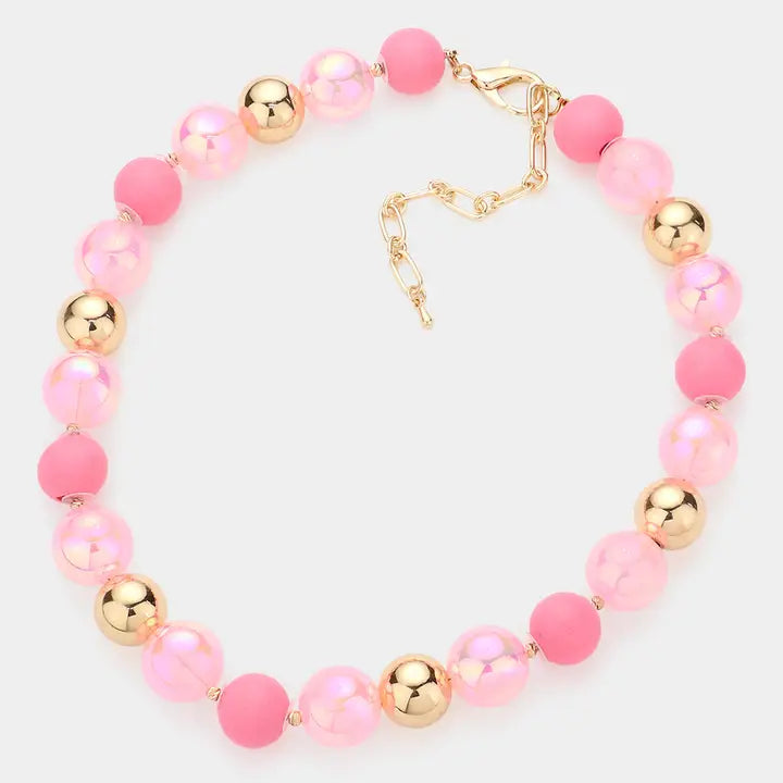 Chunky Glass Metal Ball Beaded Necklace -Pink