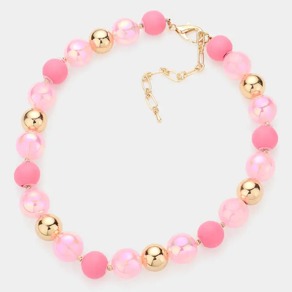 Chunky Glass Metal Ball Beaded Necklace -Pink
