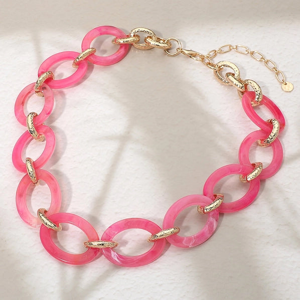 Chunky Resin Chain Link Statement Necklace, Pink