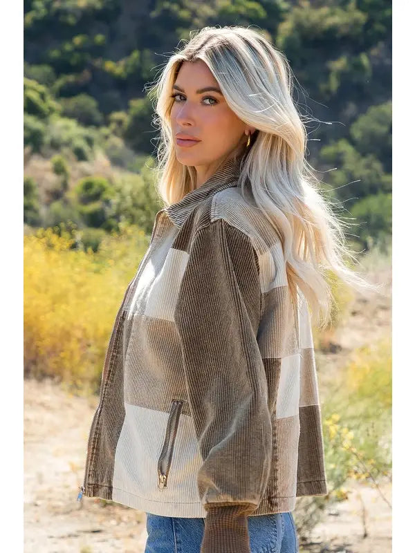 Color Block Patchwork Corduroy Jacket