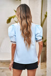 Puff Sleeve Blouse with Leopard Contrast Trim - 2 Colors