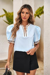 Puff Sleeve Blouse with Leopard Contrast Trim - 2 Colors
