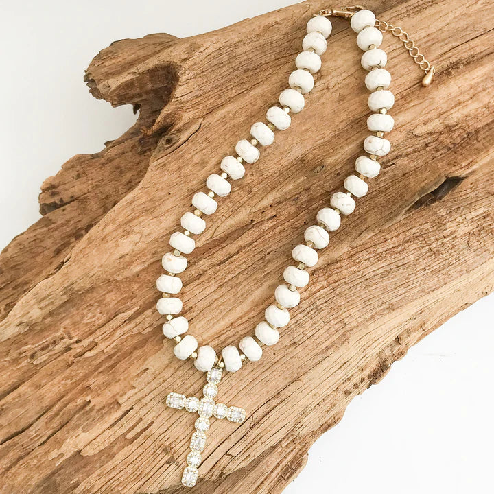 Rhinestone Cross on XL Rondelle Studded Necklace | Cream