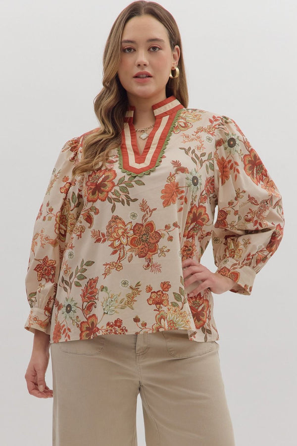 Floral Print ¾ Sleeve Top Curvy Fit