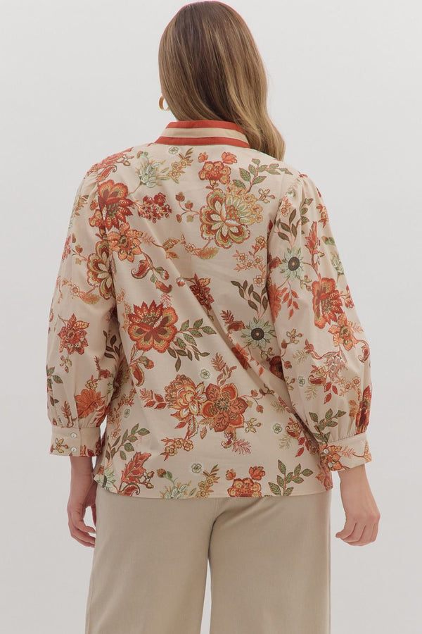 Floral Print ¾ Sleeve Top Curvy Fit