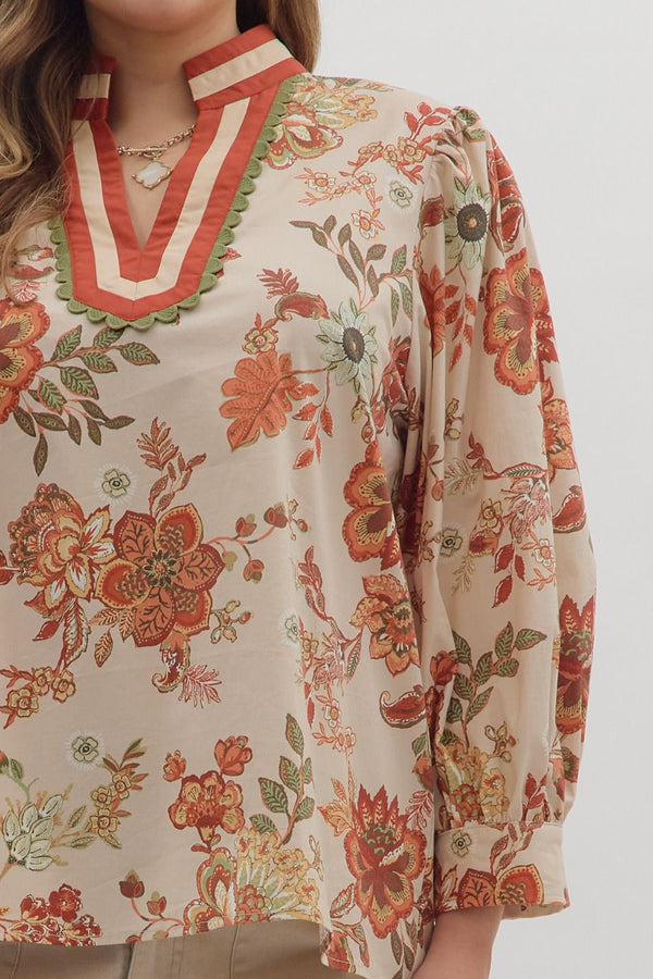 Floral Print ¾ Sleeve Top Curvy Fit