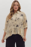 Floral Print Roll Tab 3/4 Sleeve High-Low Top Curvy Fit
