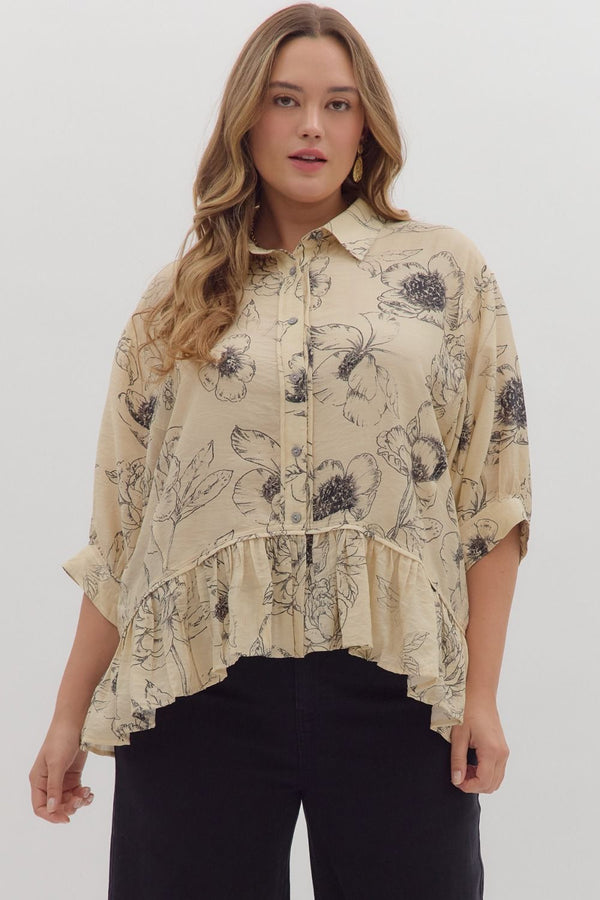 Floral Print Roll Tab 3/4 Sleeve High-Low Top Curvy Fit