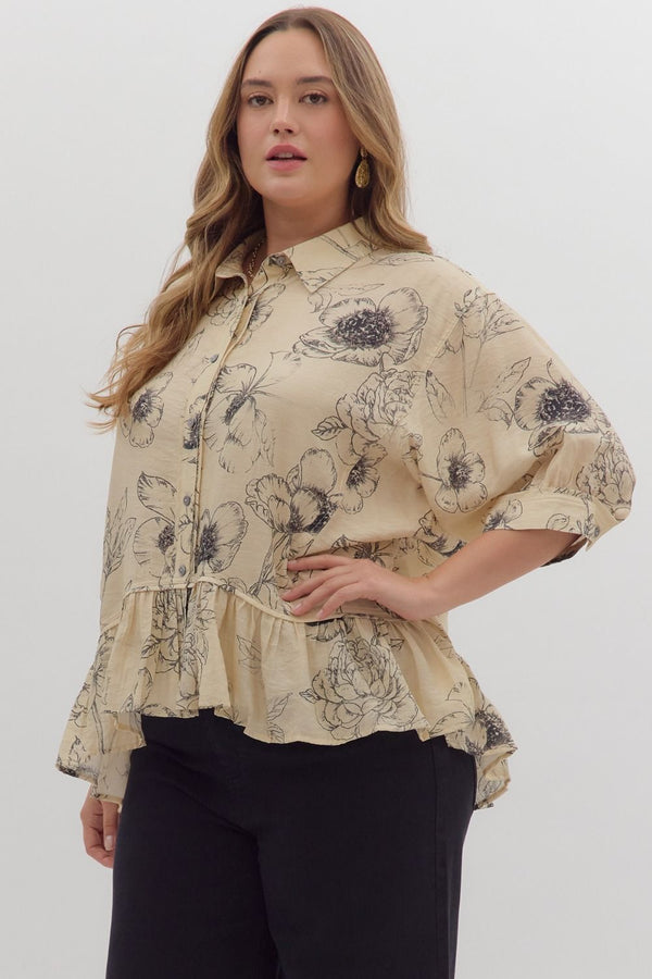 Floral Print Roll Tab 3/4 Sleeve High-Low Top Curvy Fit