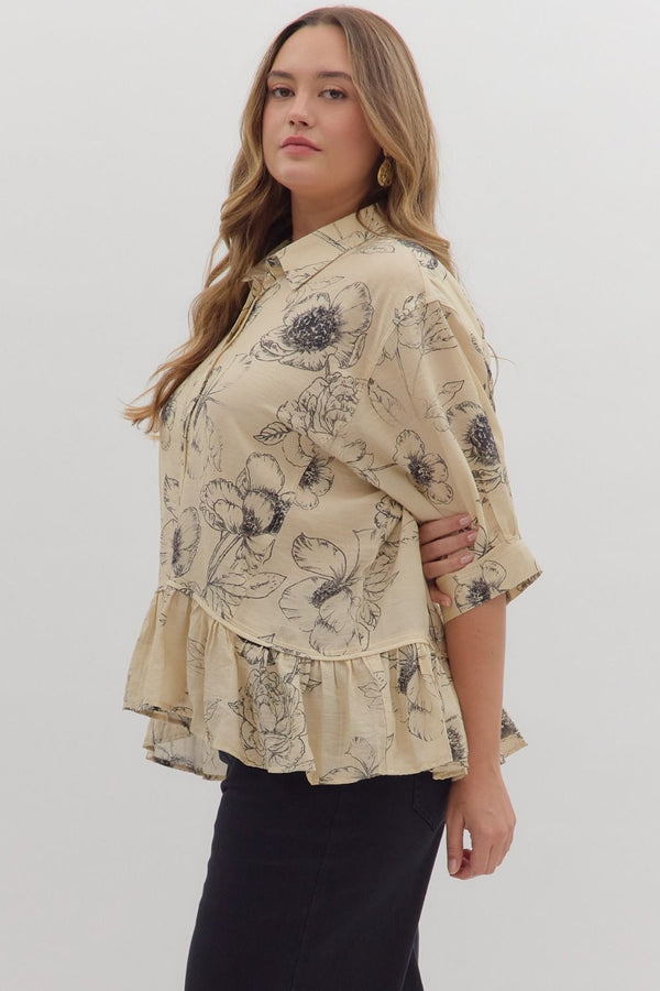 Floral Print Roll Tab 3/4 Sleeve High-Low Top Curvy Fit