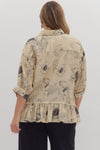 Floral Print Roll Tab 3/4 Sleeve High-Low Top Curvy Fit