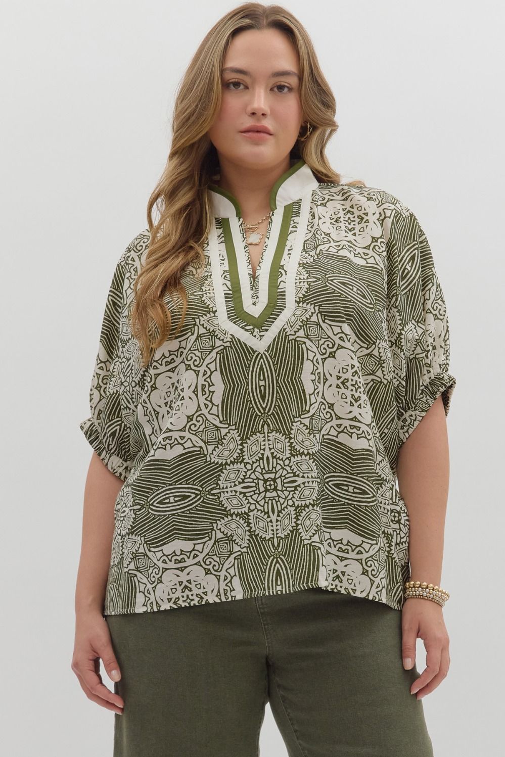 Multi-Pattern Short Dolman Sleeve Top Curvy Fit