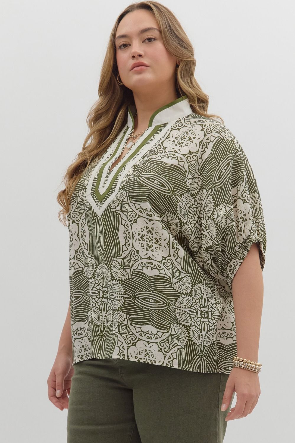 Multi-Pattern Short Dolman Sleeve Top Curvy Fit