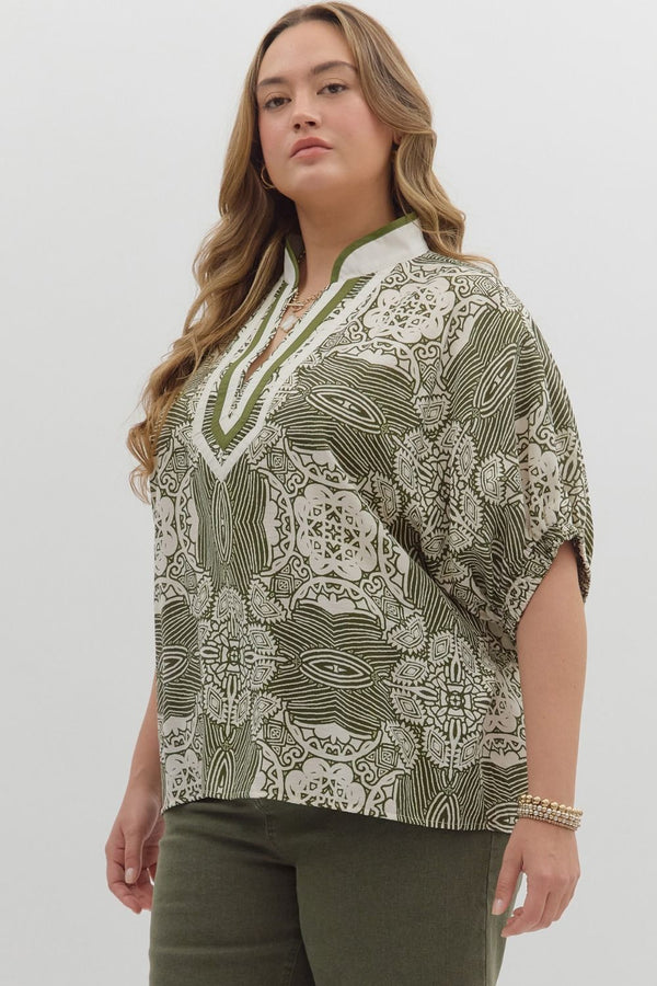 Multi-Pattern Short Dolman Sleeve Top Curvy Fit
