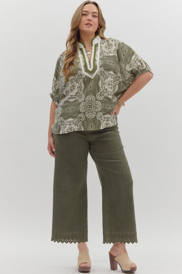 Multi-Pattern Short Dolman Sleeve Top Curvy Fit
