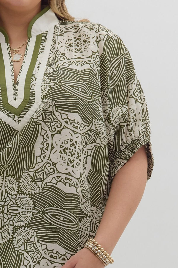 Multi-Pattern Short Dolman Sleeve Top Curvy Fit
