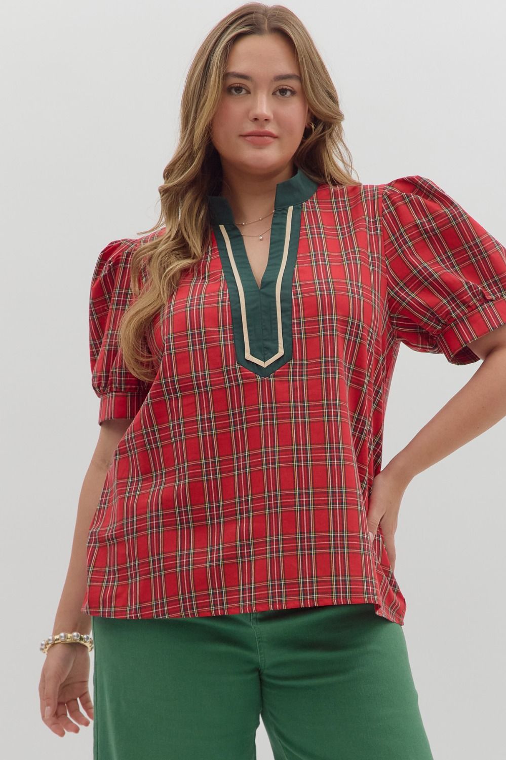 Plaid Pattern Cuff Band Short Sleeve Top Curvy Fit