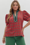 Plaid Pattern Cuff Band Short Sleeve Top Curvy Fit