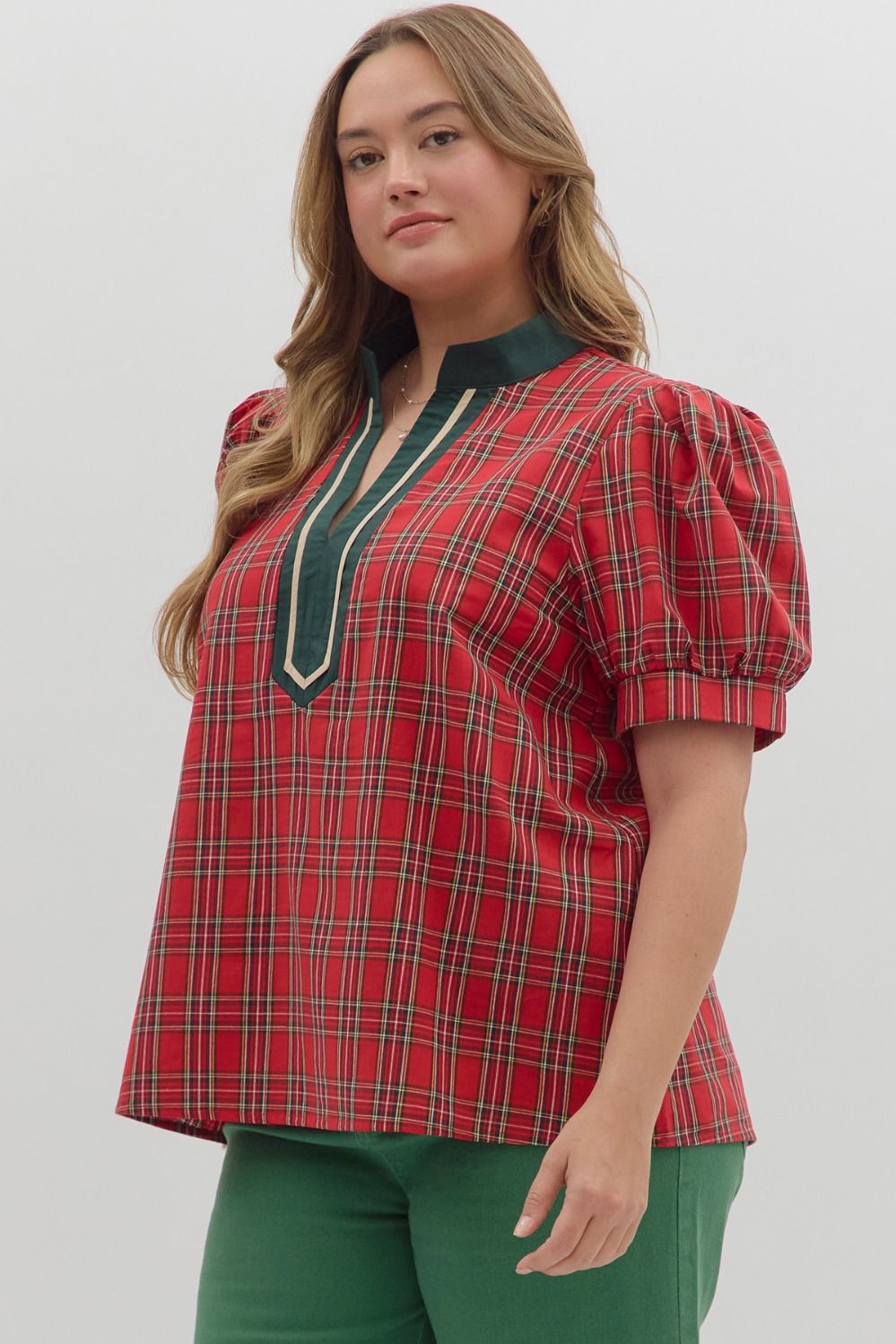 Plaid Pattern Cuff Band Short Sleeve Top Curvy Fit