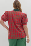 Plaid Pattern Cuff Band Short Sleeve Top Curvy Fit