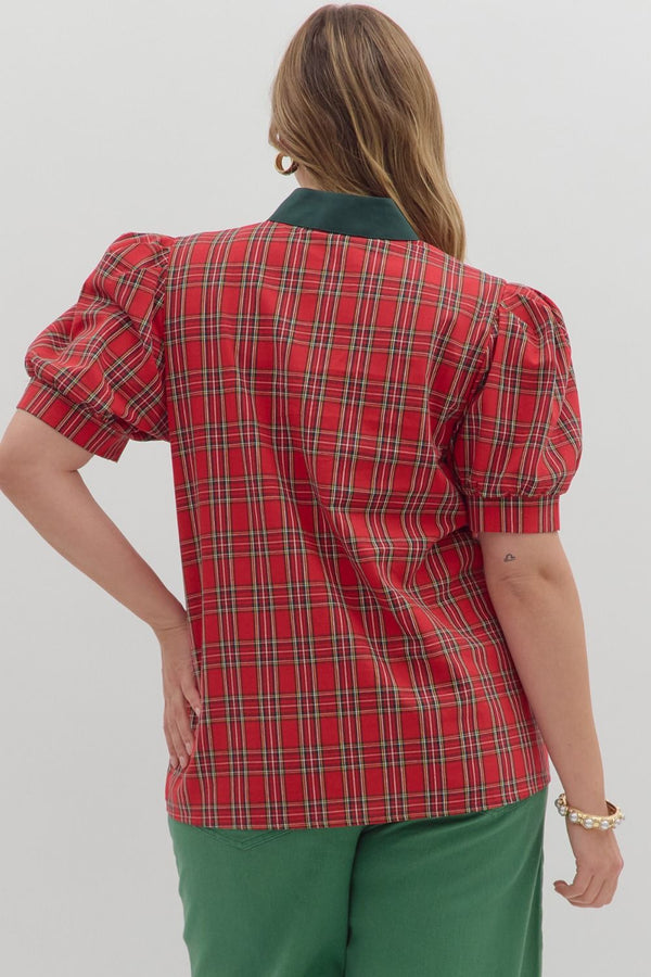 Plaid Pattern Cuff Band Short Sleeve Top Curvy Fit